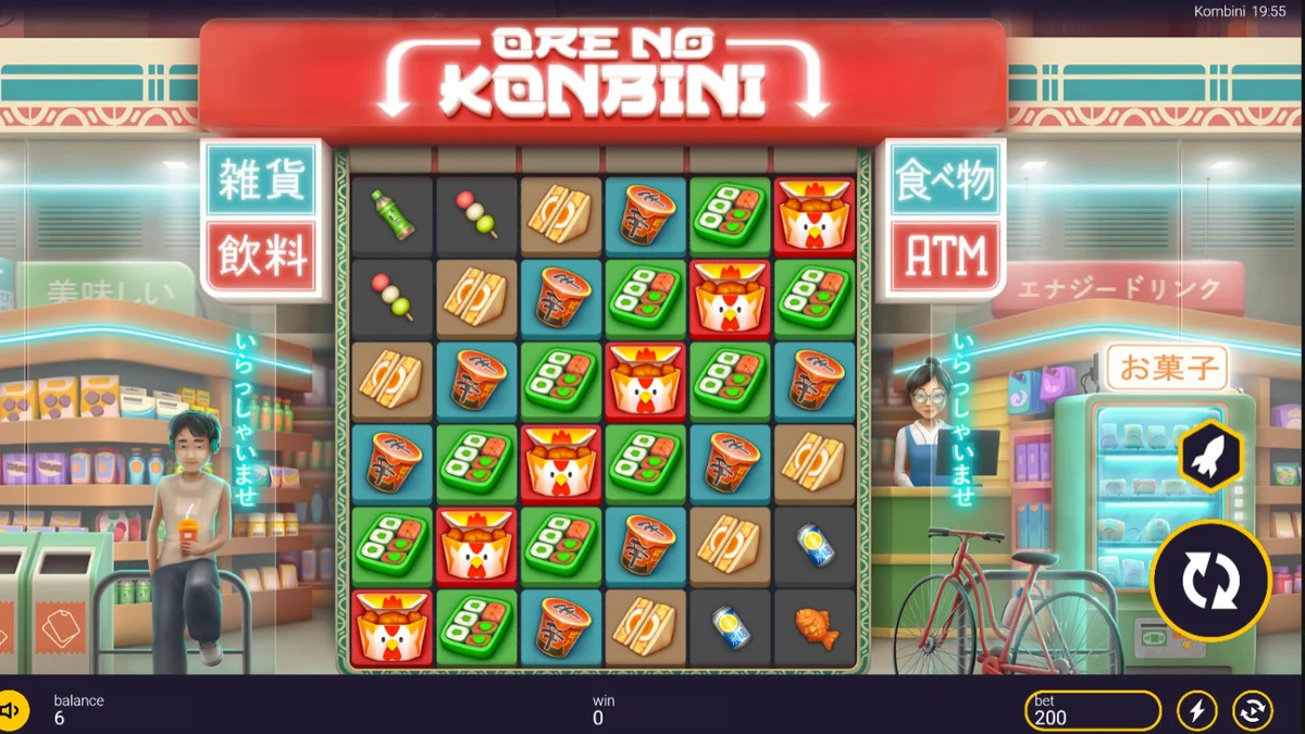 Giao diện trò chơi slot Ore No Konbini với phong cách cửa hàng tiện lợi Nhật Bản